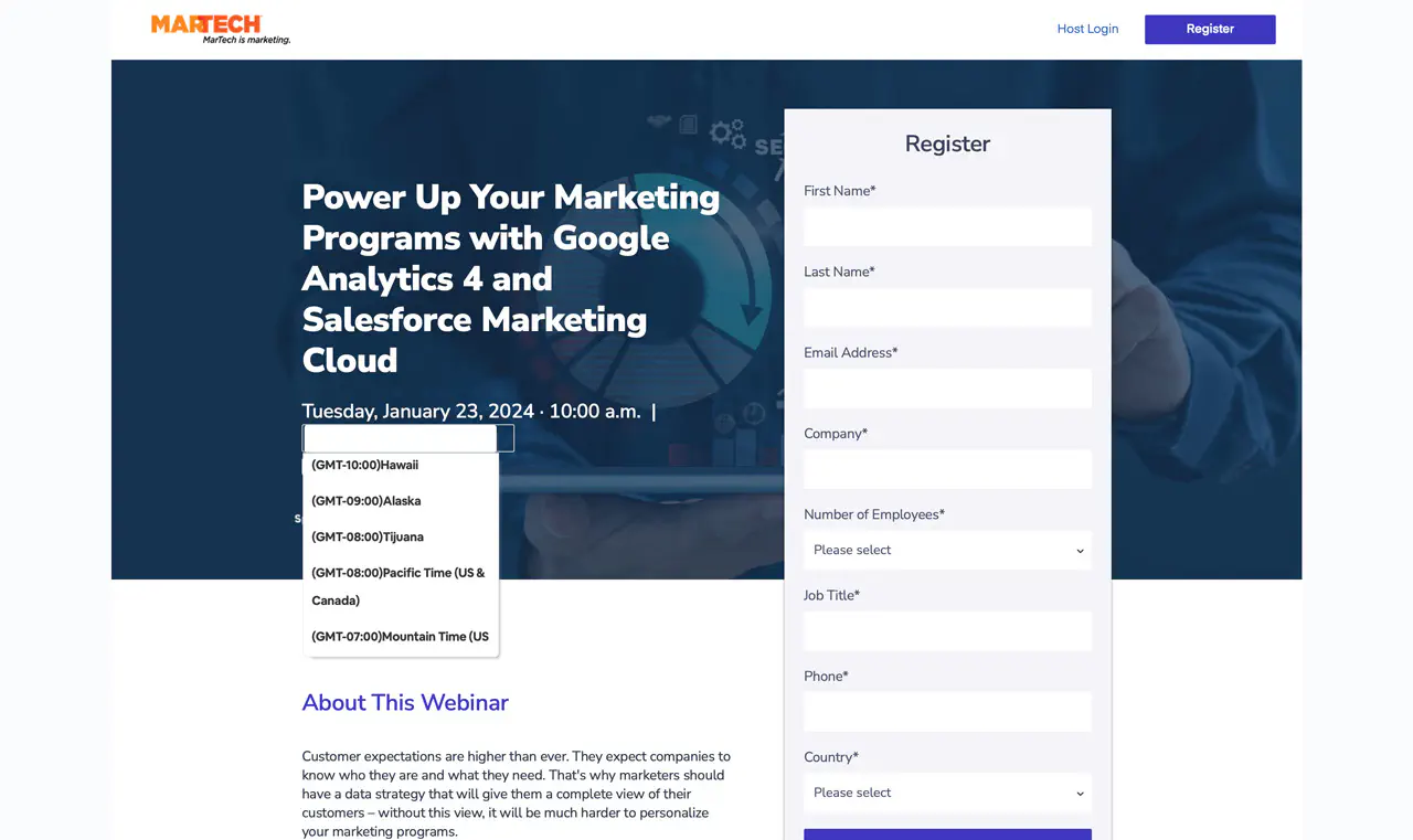 Dynamic time zone selection for webinar landing pages.