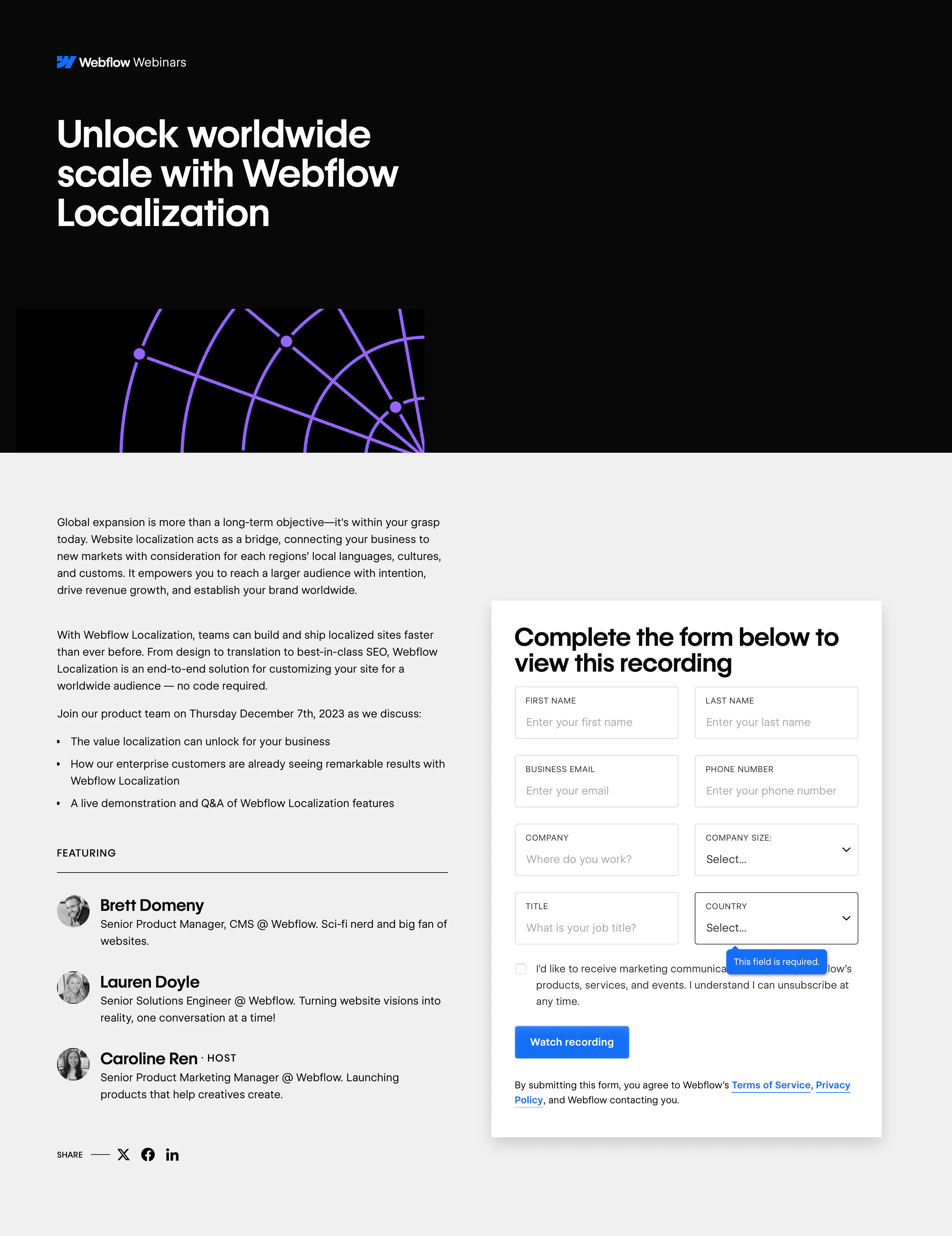 Example of a sticky form on a landing page.