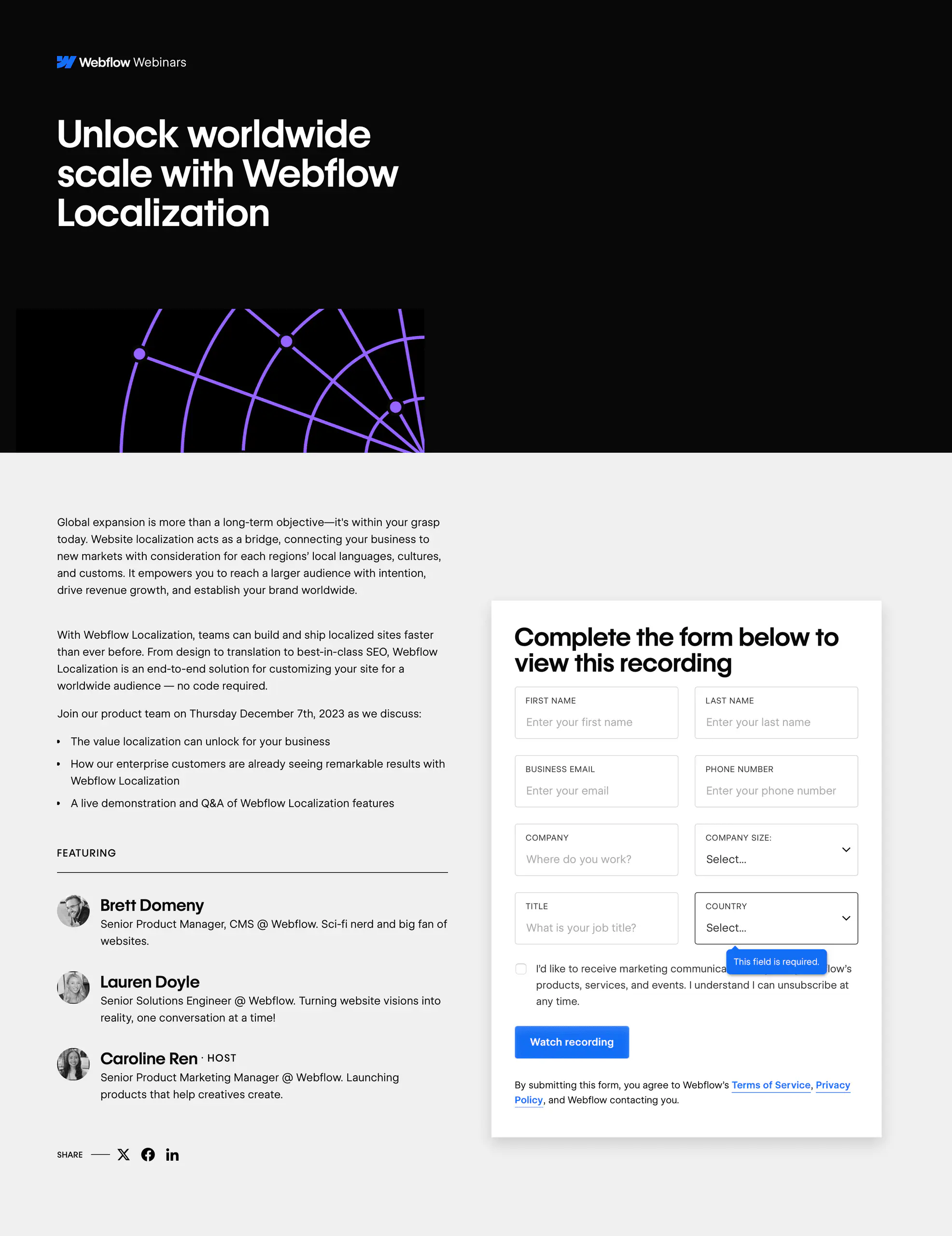 Example of a sticky form on a landing page.