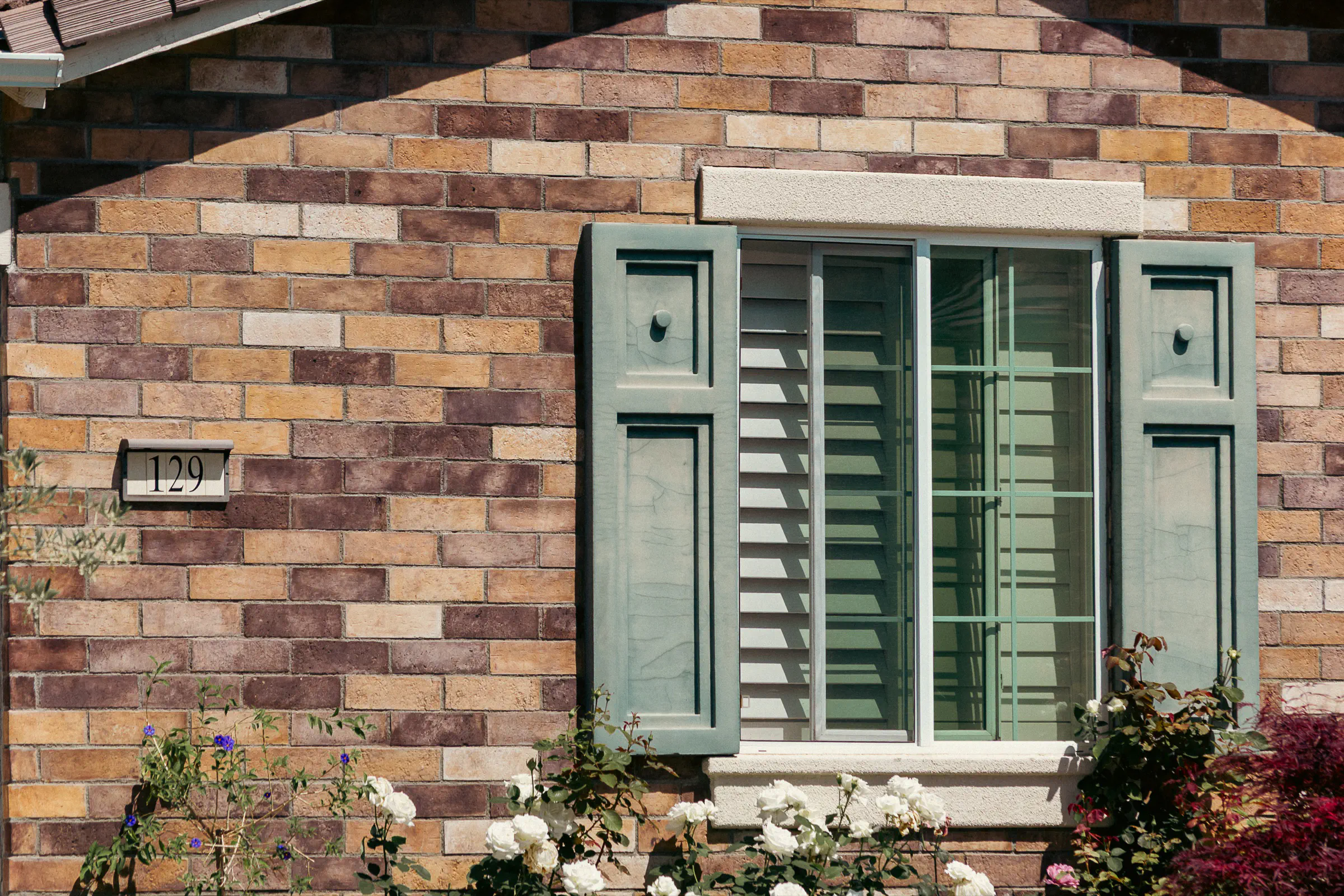 Brick wall and green-shuttered window